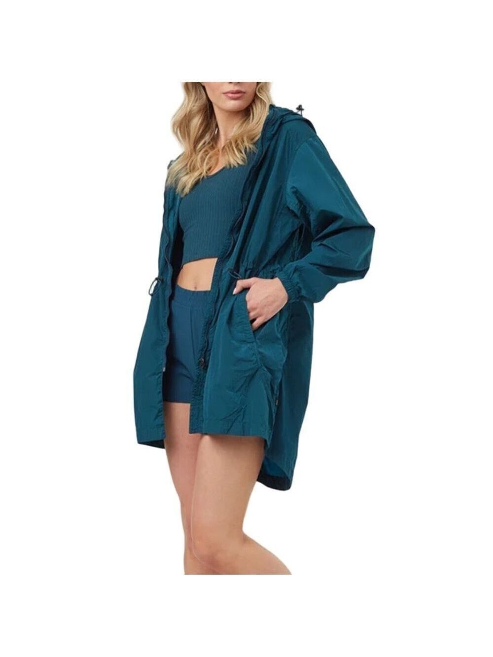 NWT TENTREE teal blue women's recycled nylon long jacket in reflecting pond M